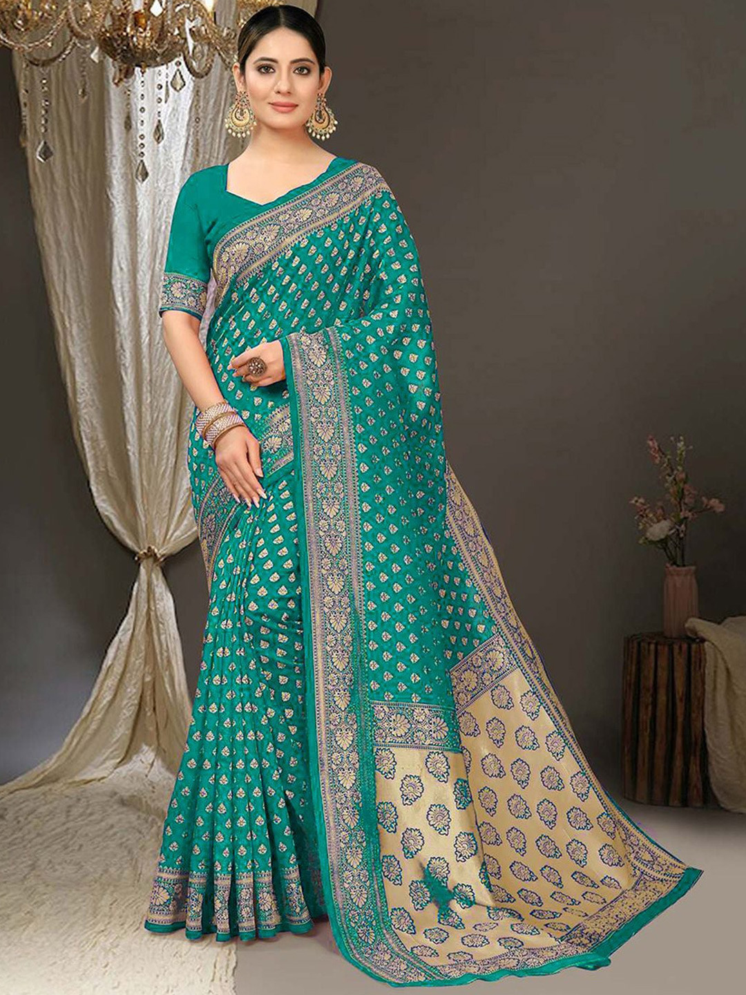 

KALINI Floral Woven Design Zari Art Silk Banarasi Saree, Green