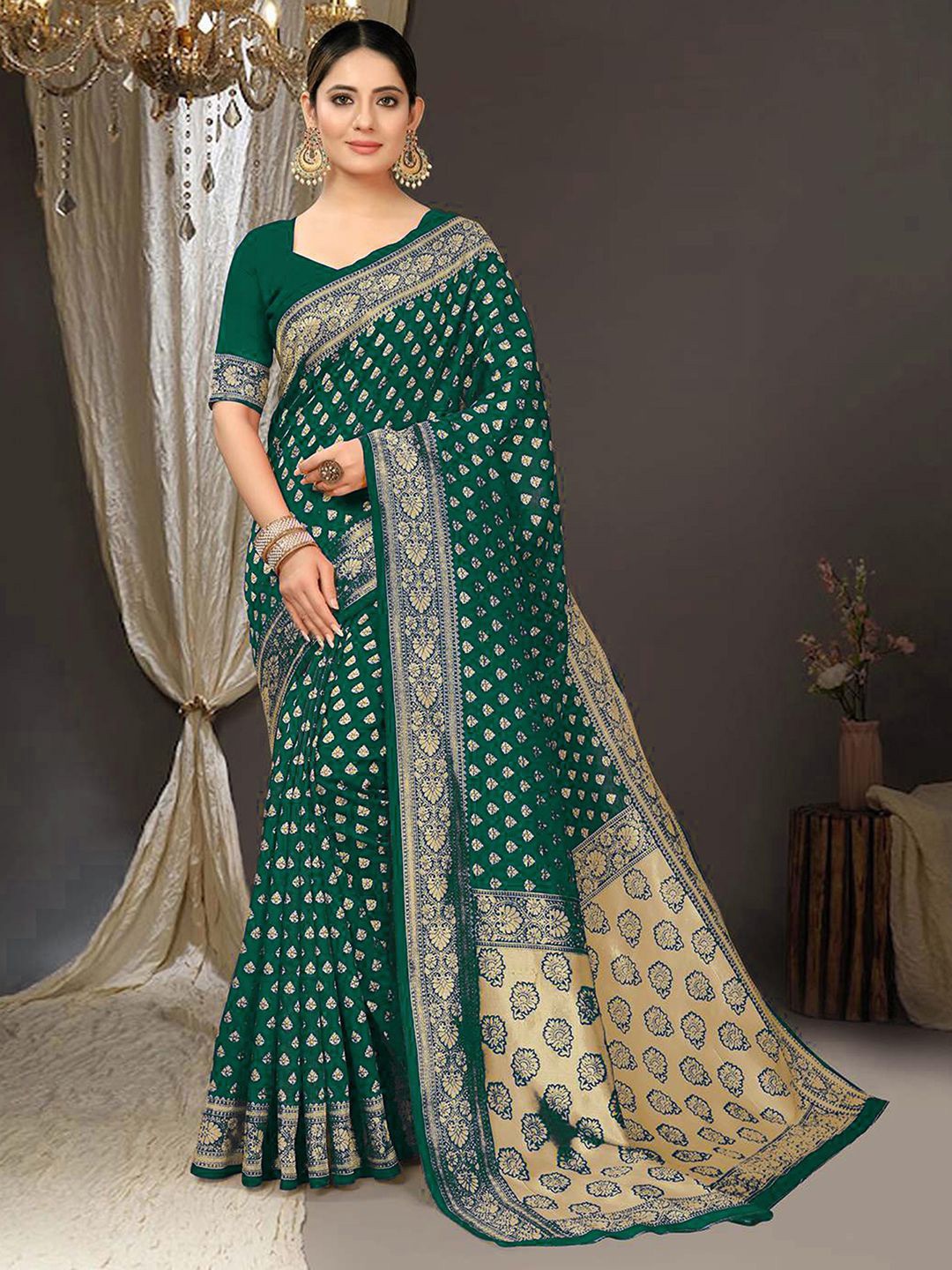 

KALINI Floral Woven Design Zari Art Silk Banarasi Saree, Green