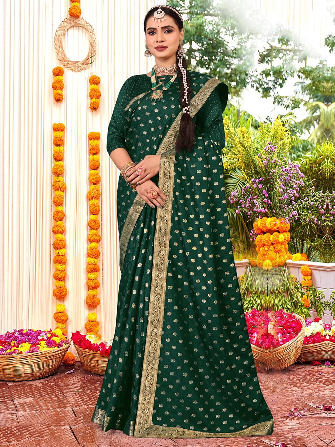 

KALINI Floral Woven Design Zari Art Silk Saree, Green