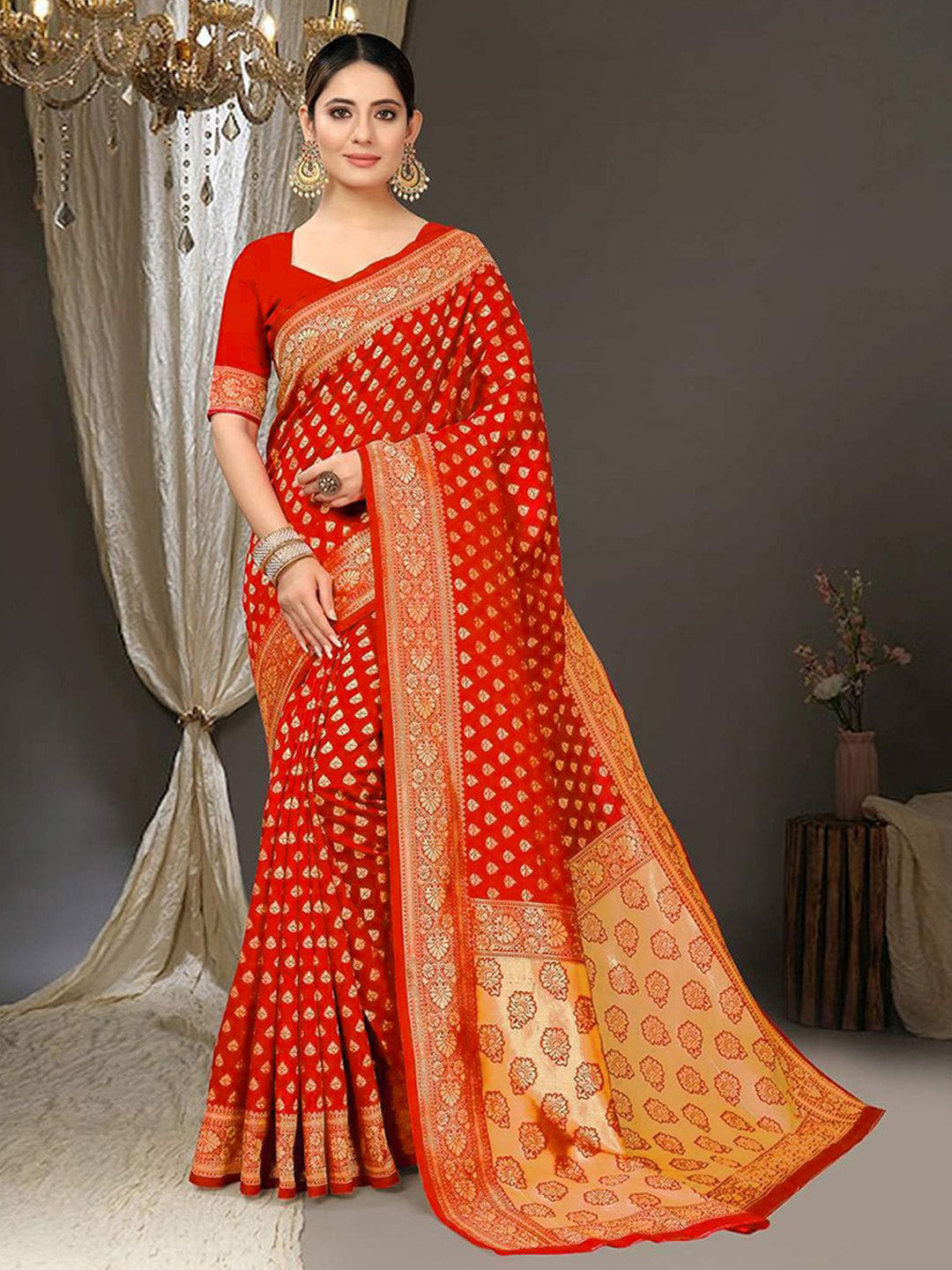 

KALINI Floral Woven Design Zari Art Silk Banarasi Saree, Orange