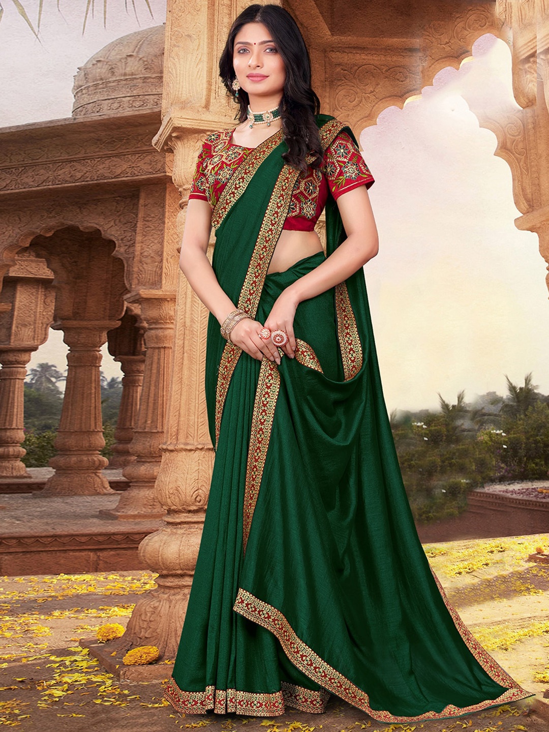 

KALINI Art Silk Lace Maheshwari Saree, Green