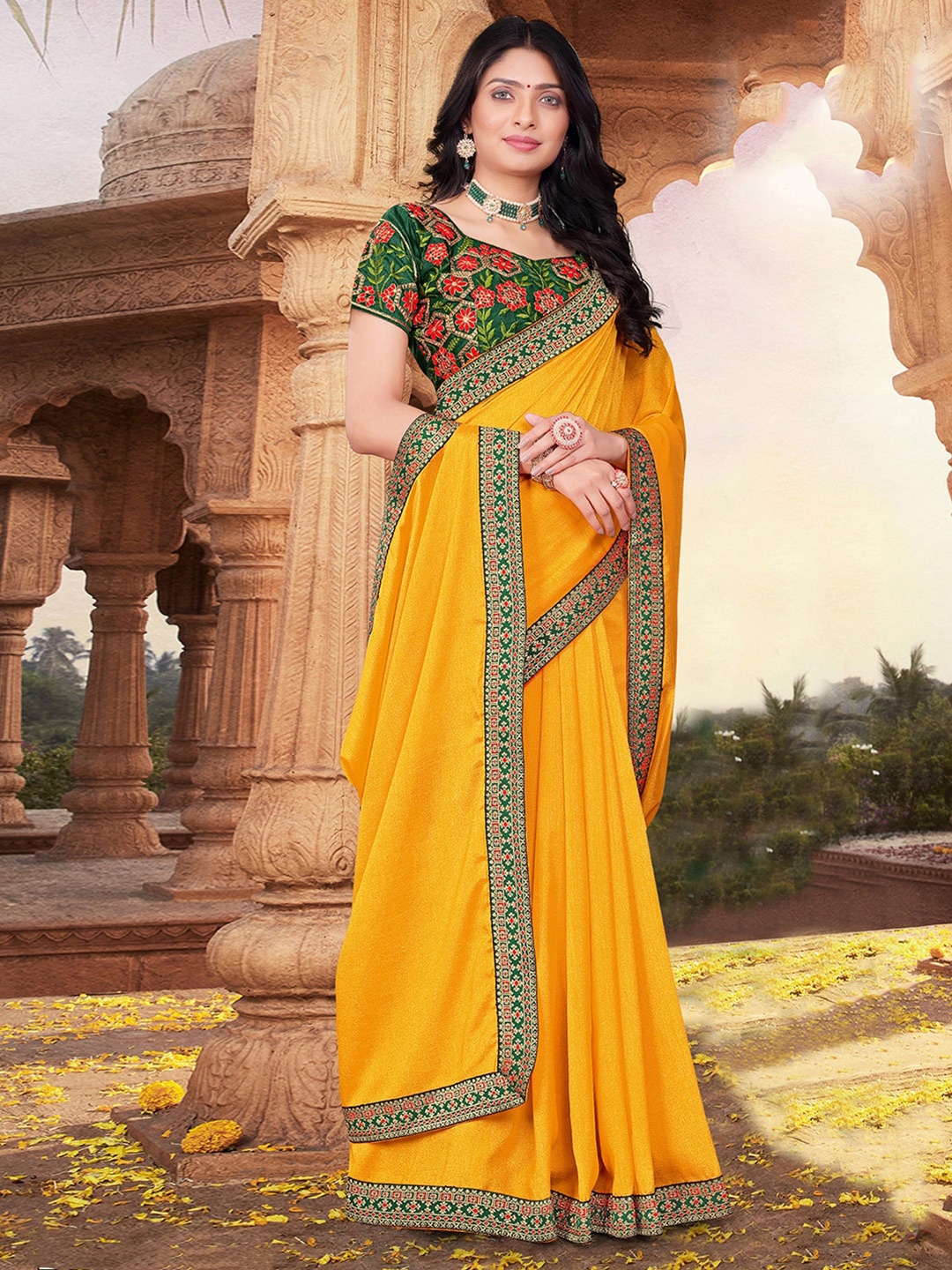 

KALINI Art Silk Lace Maheshwari Saree, Yellow
