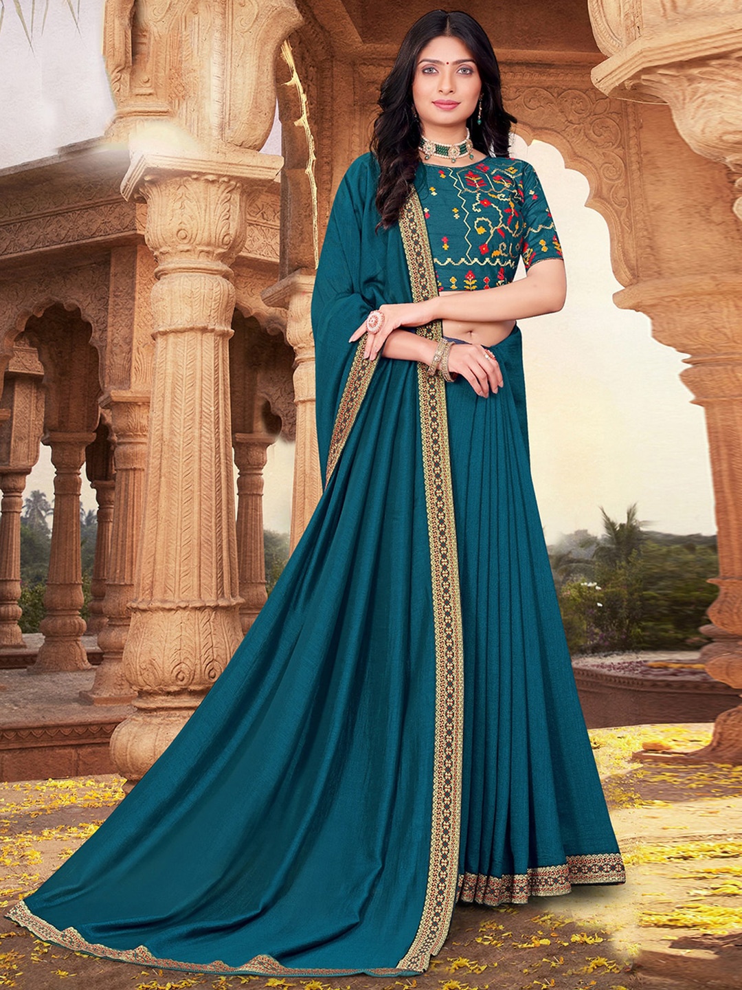 

KALINI Lace Detail Art Silk Maheshwari Saree, Turquoise blue