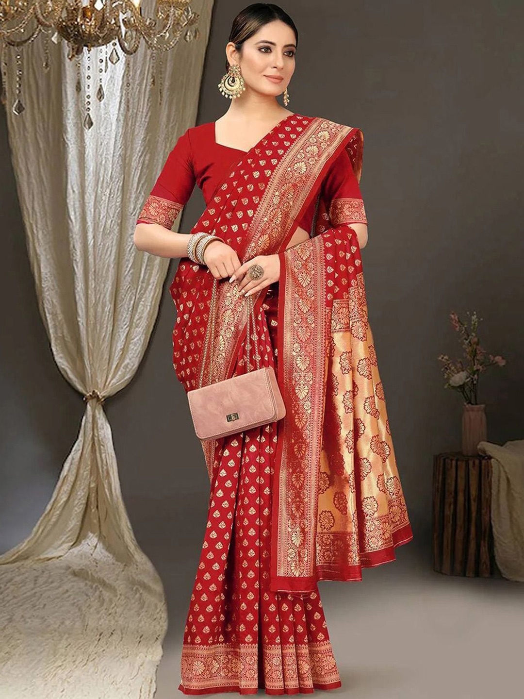 

KALINI Ethnic Motifs Woven Design Zari Art Silk Banarasi Saree, Red