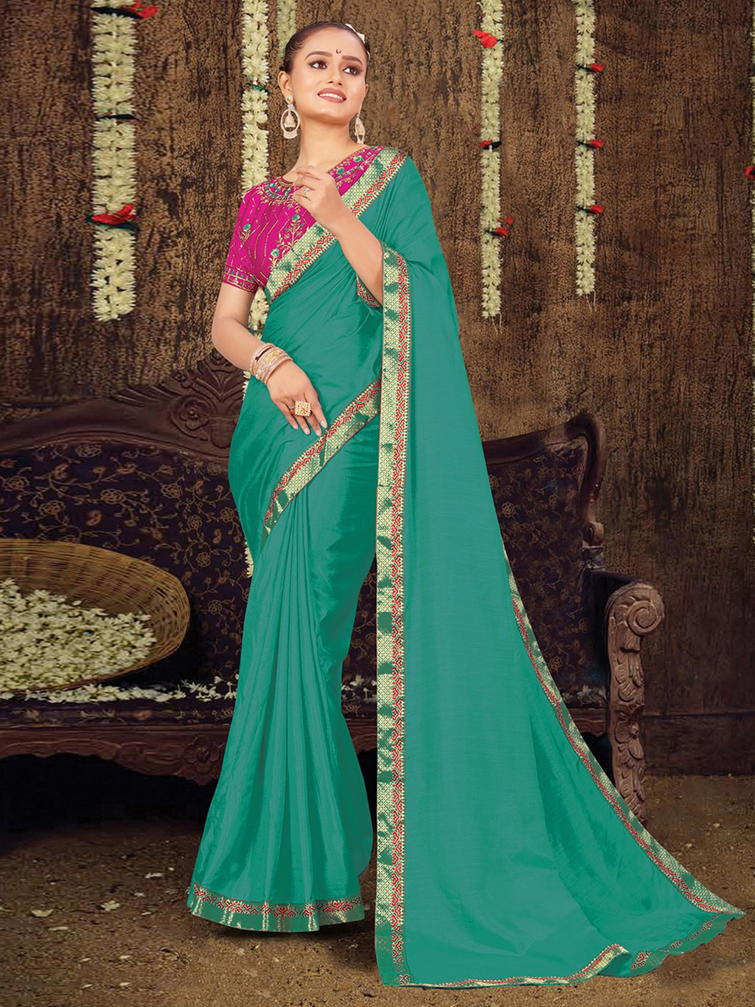 

KALINI Lace Art Silk Maheshwari Saree, Turquoise blue