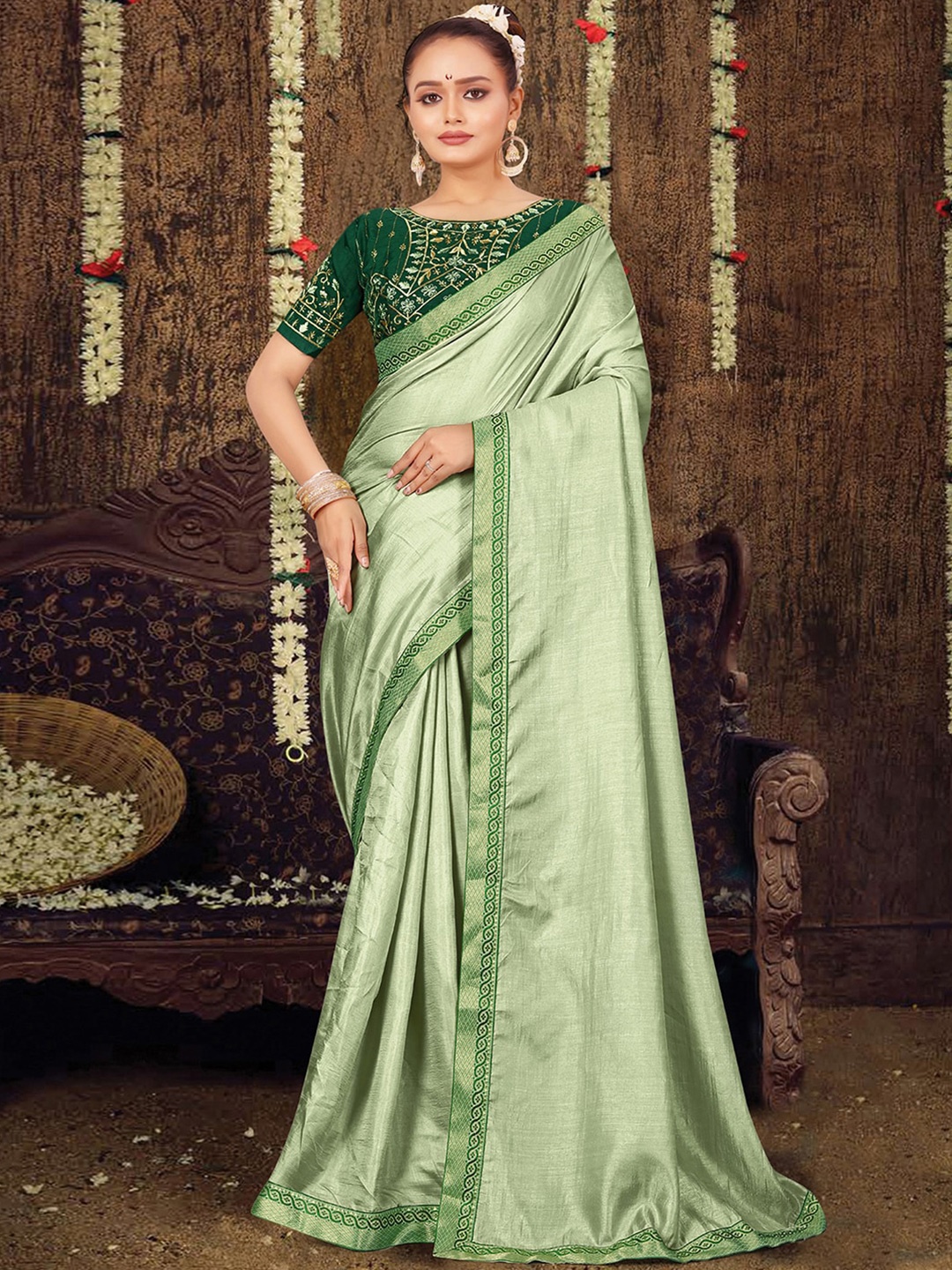 

KALINI Lace Art Silk Maheshwari Saree, Lime green