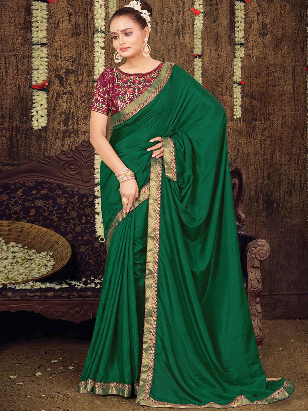 

KALINI Lace Art Silk Maheshwari Saree, Green