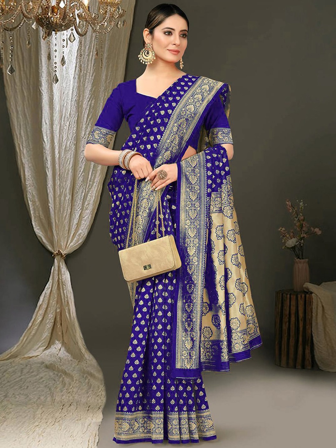 

KALINI Ethnic Motifs Zari Art Silk Banarasi Saree, Blue