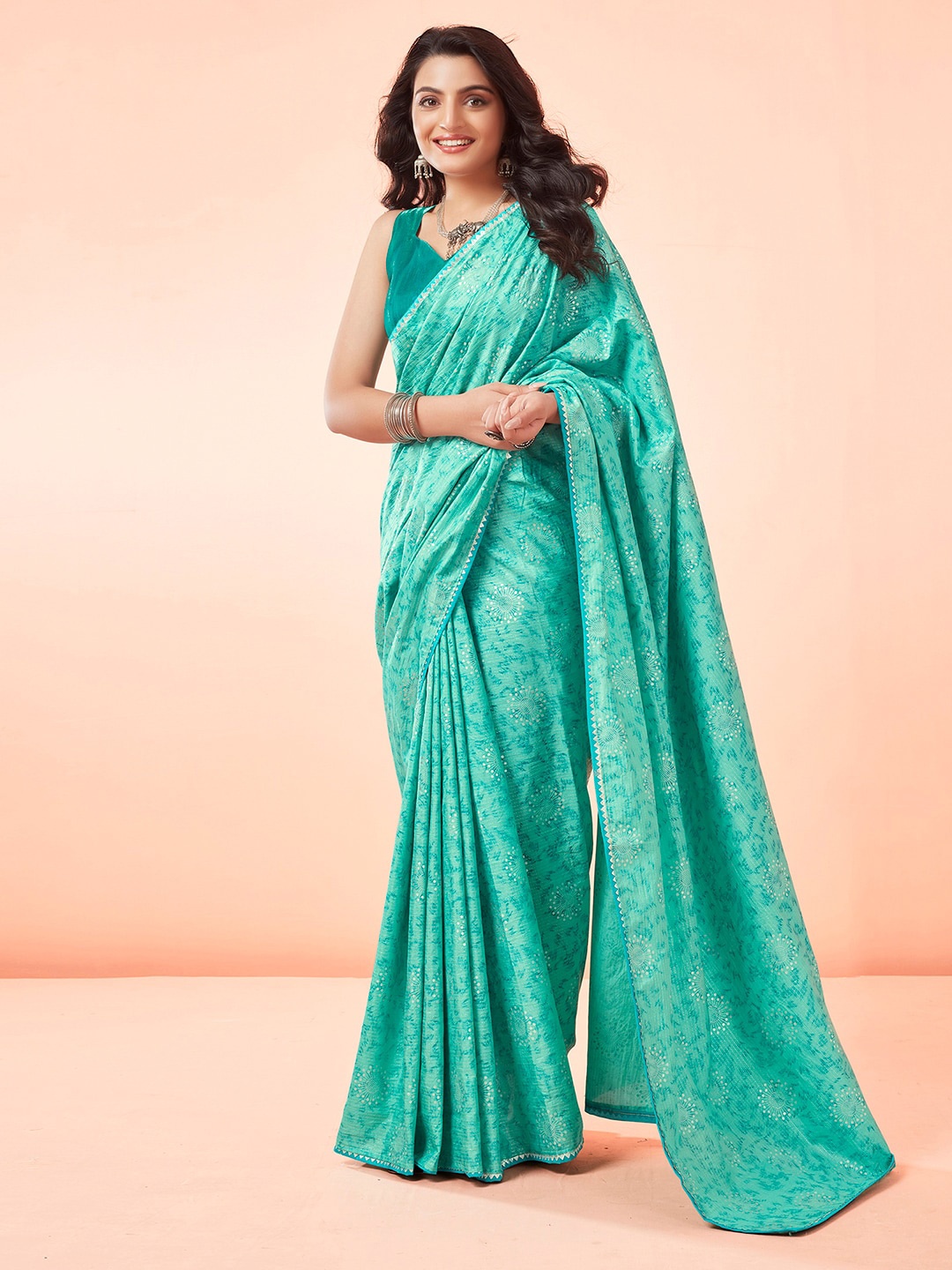 

KALINI Floral Printed Gotta Patti Bagh Saree, Turquoise blue