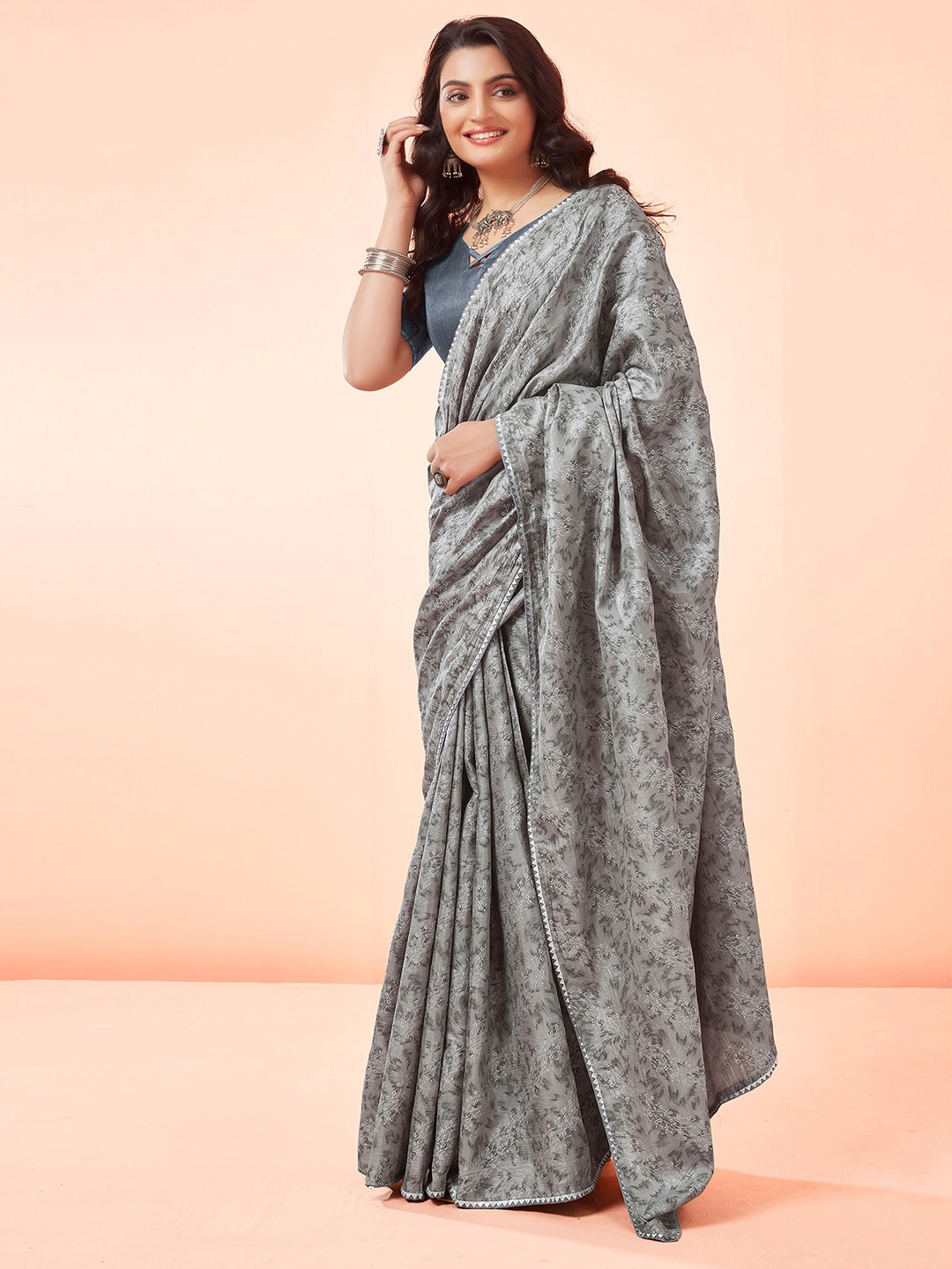 

KALINI Abstract Printed Gotta Patti Bagh Saree, Grey