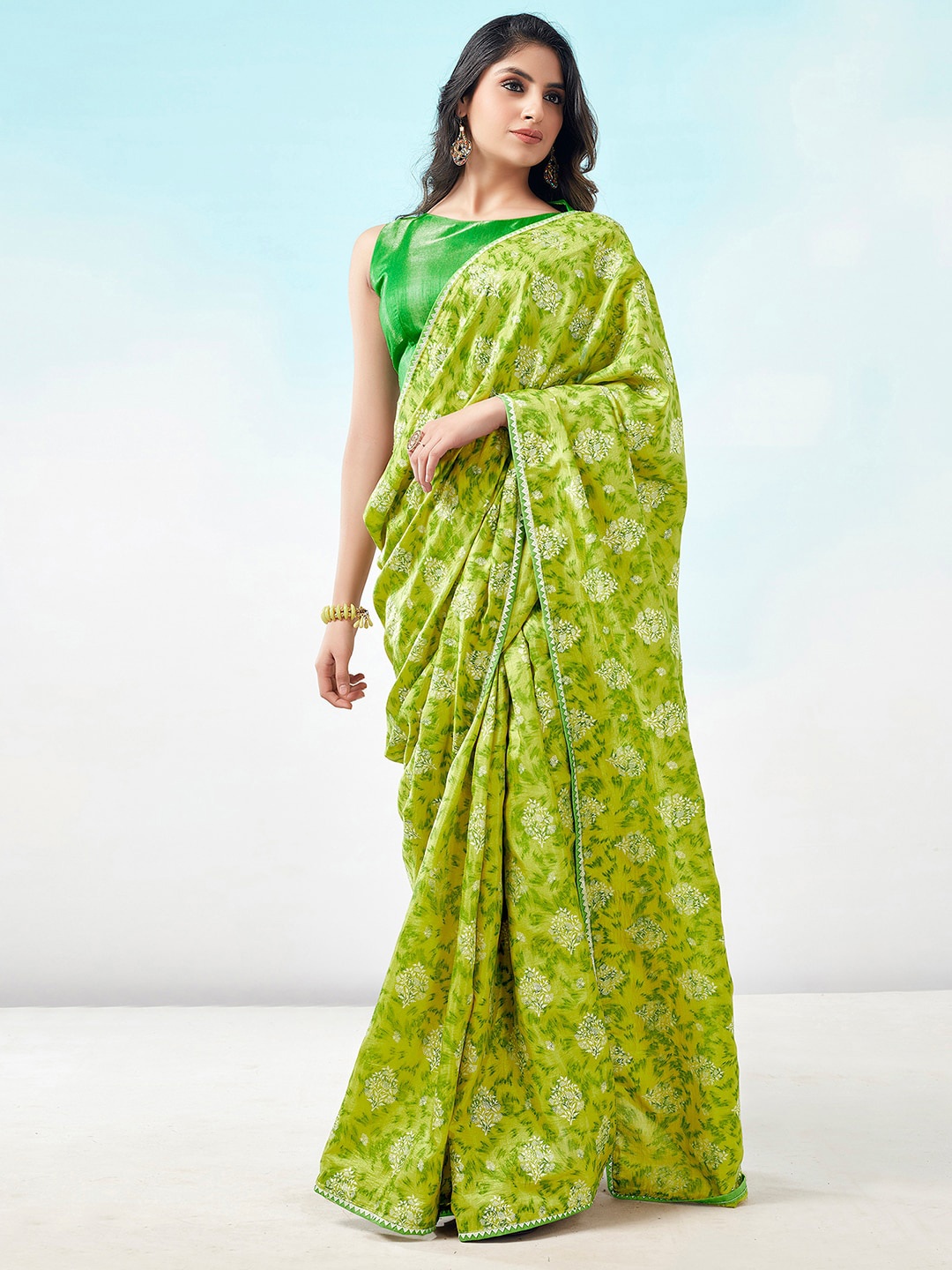 

KALINI Abstract Printed Gotta Patti Bagh Saree, Green