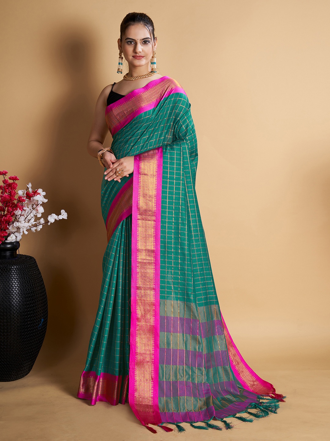 

KALINI Woven Design Checked Zari Uppada Saree, Green