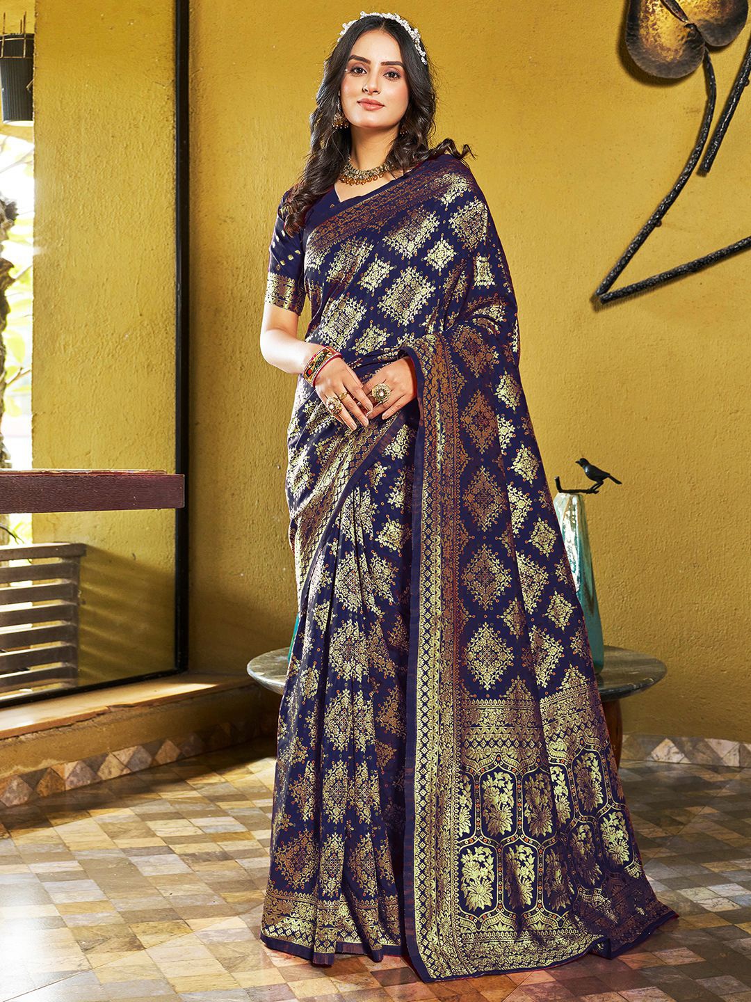 

KALINI Floral Zari Art Silk Banarasi Saree, Navy blue