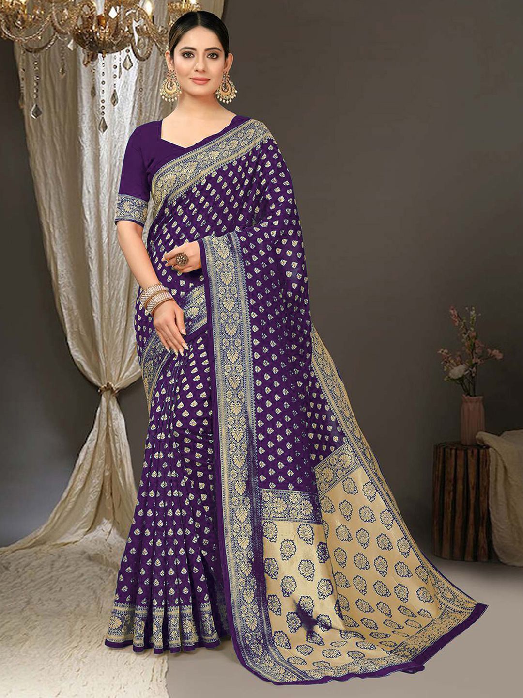 

KALINI Woven Design Zari Banarasi Saree, Purple