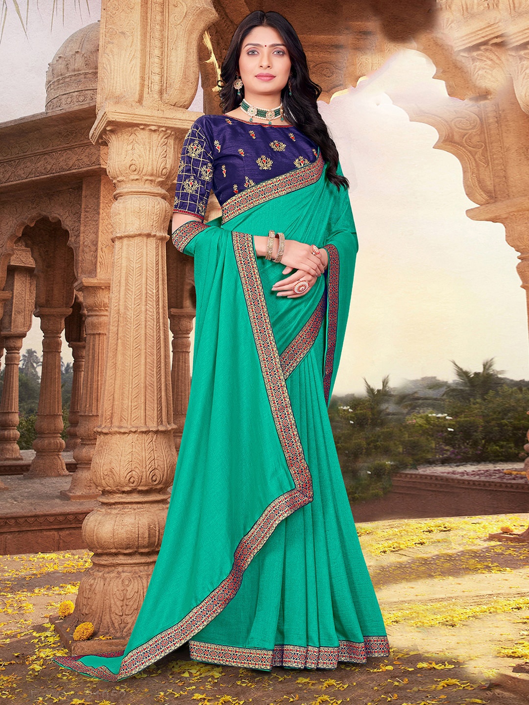 

KALINI Maheshwari Saree With Lace Border, Green