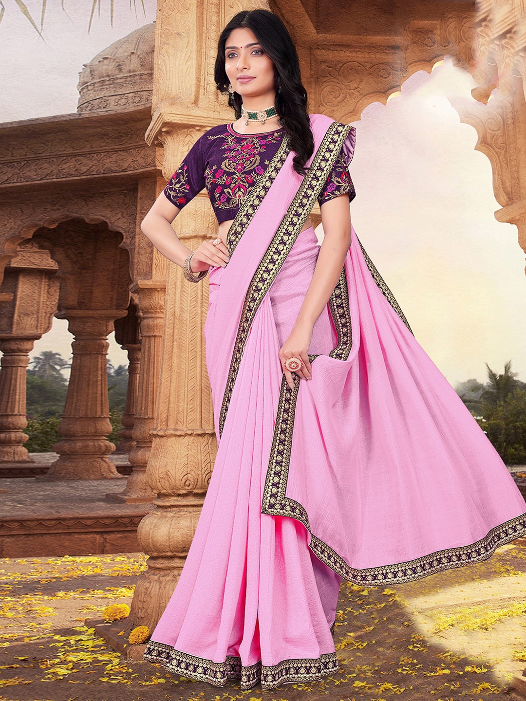 

KALINI Embroidered Maheshwari Saree, Pink