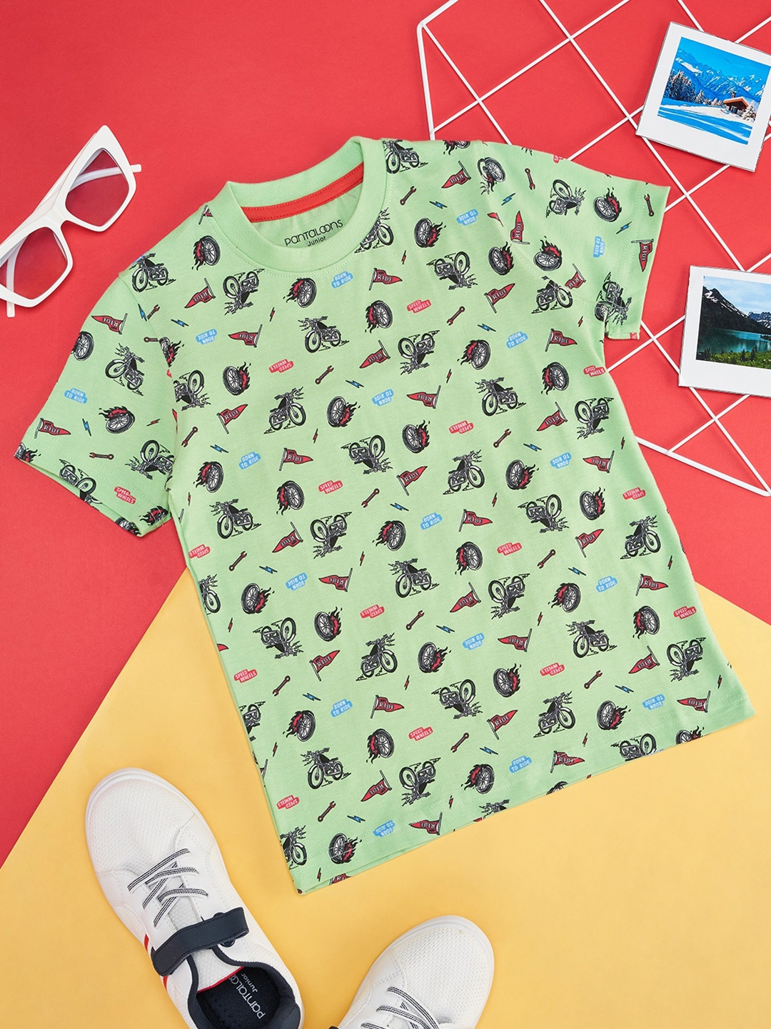 

Pantaloons Junior Boys Biker Printed Round Neck Cotton T-shirt, Sea green