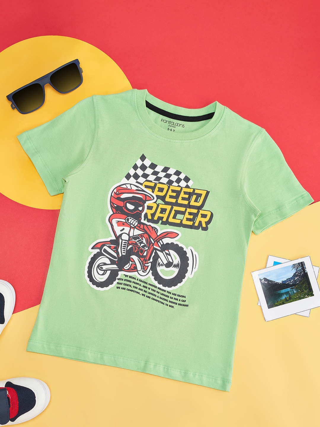 

Pantaloons Junior Boys Biker Printed Round Neck Cotton T-shirt, Green