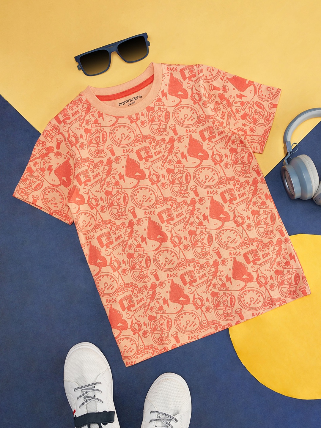 

Pantaloons Junior Boys Biker Printed Round Neck Cotton T-shirt, Peach