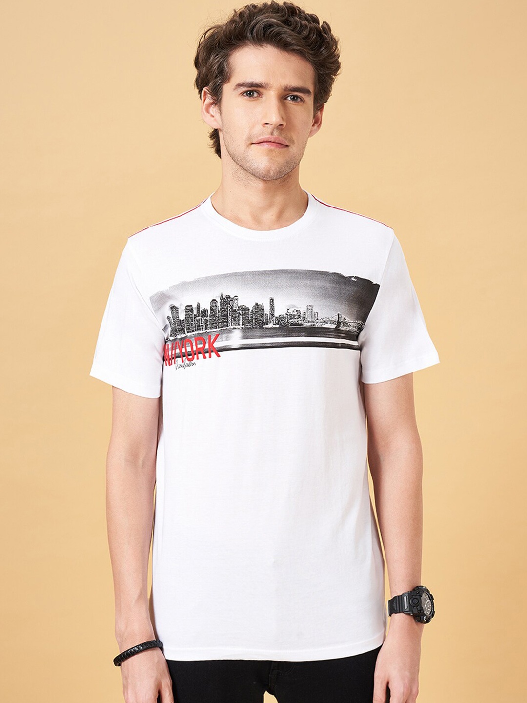 

SF JEANS by Pantaloons Printed Pure Cotton Slim Fit T-shirt, White