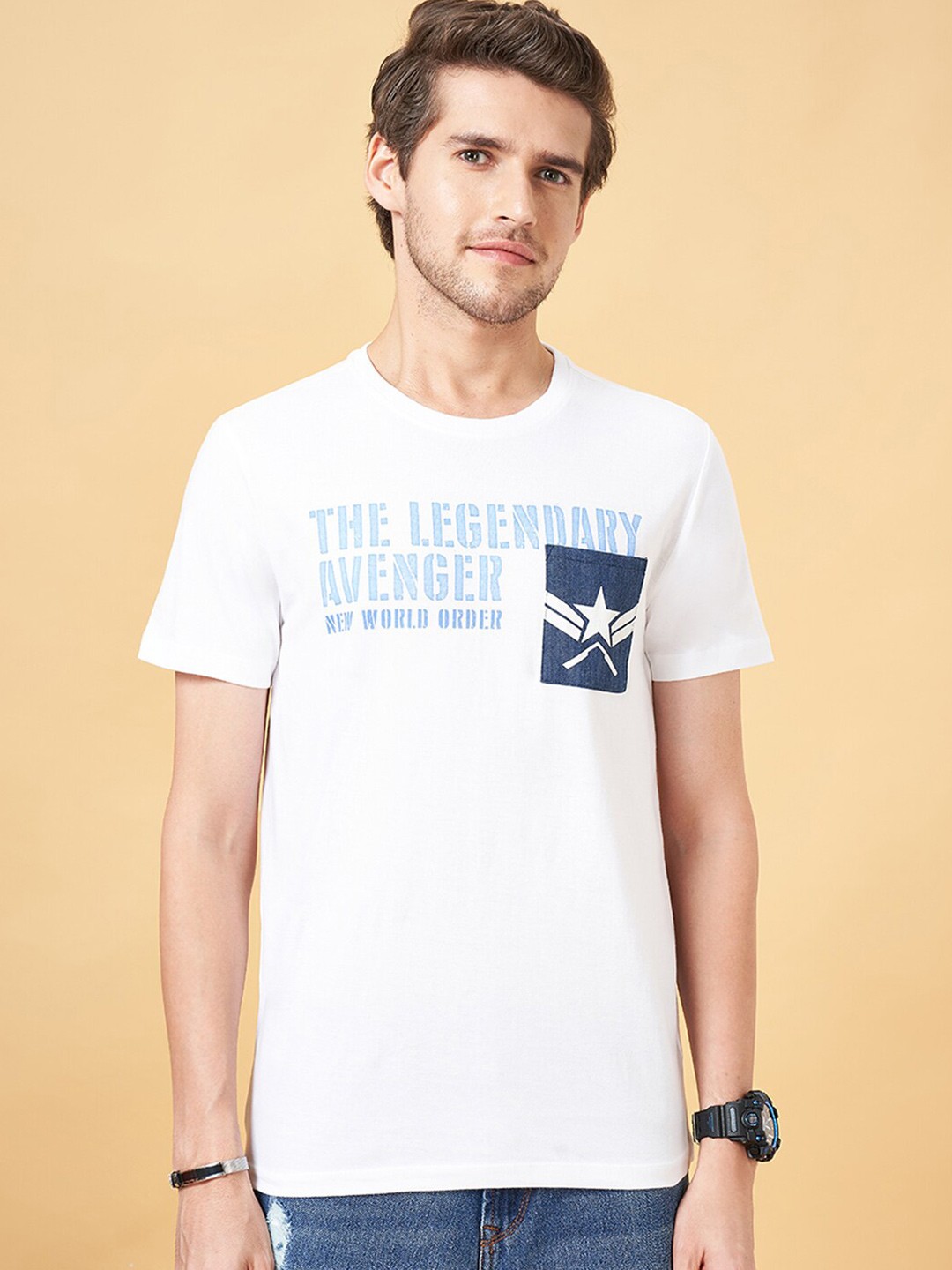 

SF JEANS by Pantaloons Typography Printed Tropical Pure Cotton Slim Fit T-shirt, Off white