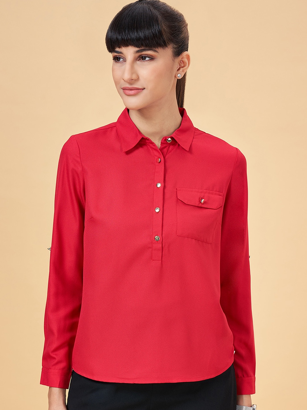 

Annabelle by Pantaloons Shirt Collar Long Sleeves Tunic, Red