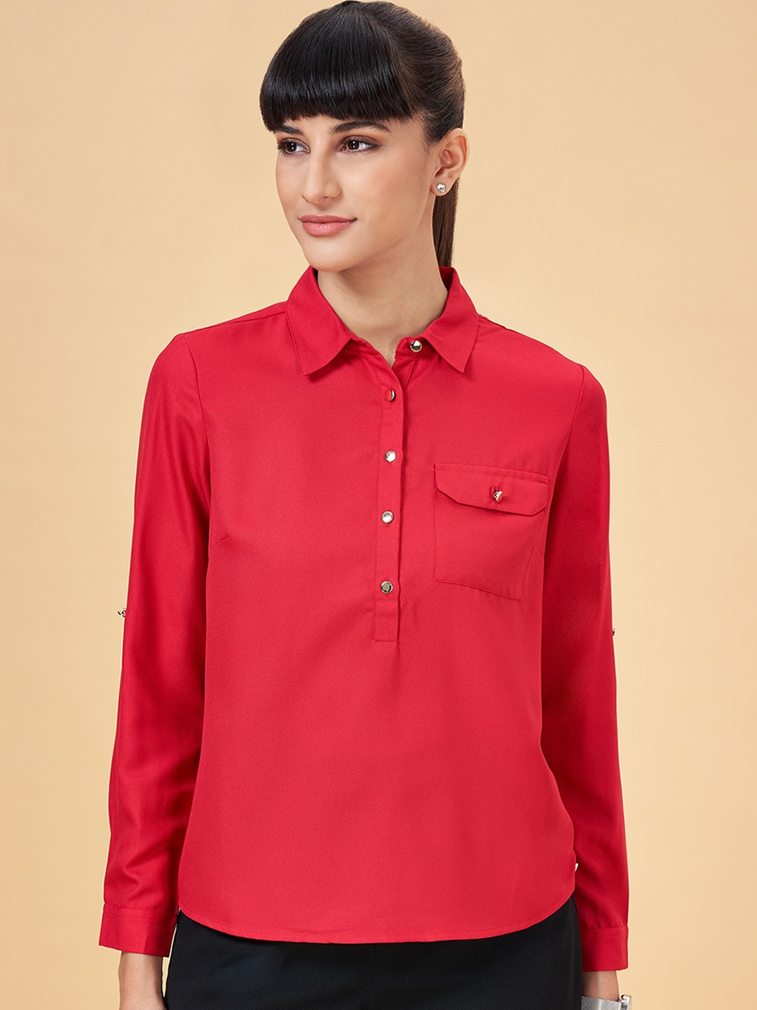 

Annabelle by Pantaloons Spread Collar Half Placket Formal Shirt, Red