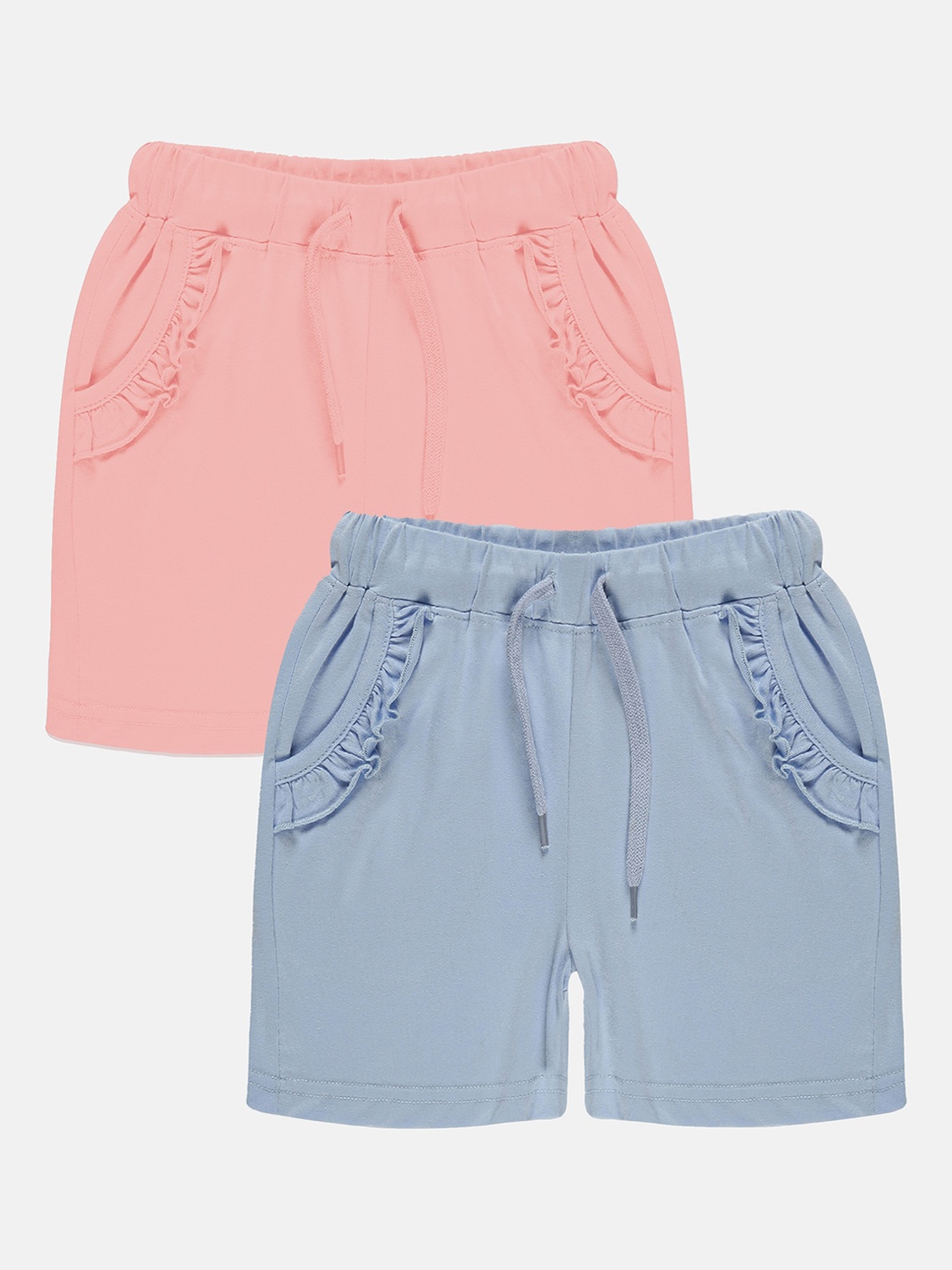 

KiddoPanti Girls Pack Of 2 Mid-Rise Pure Cotton Shorts, Blue