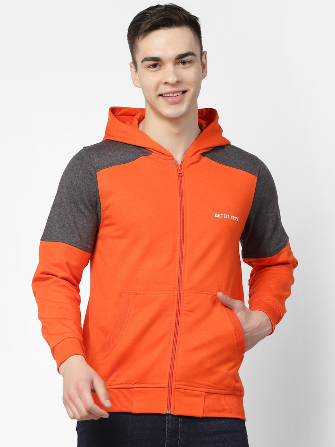 

Kalt Colourblocked Hooded Front-Open Fleece Sweatshirt, Orange