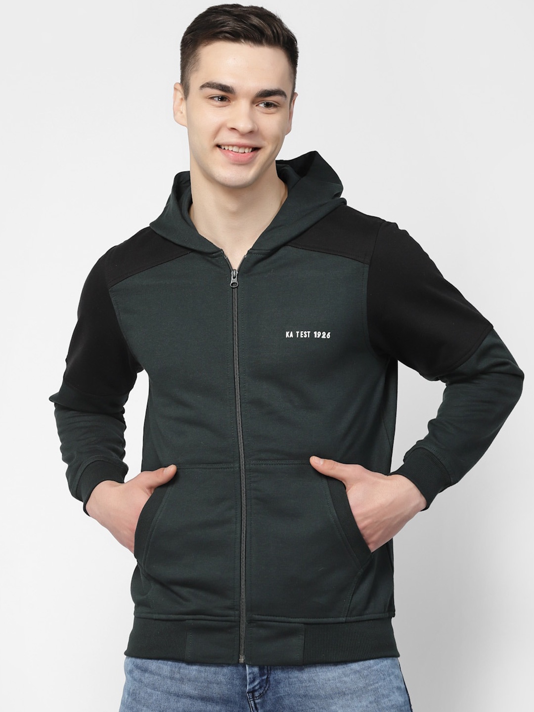 

Kalt Colourblocked Hooded Fleece Front-Open Sweatshirt, Green