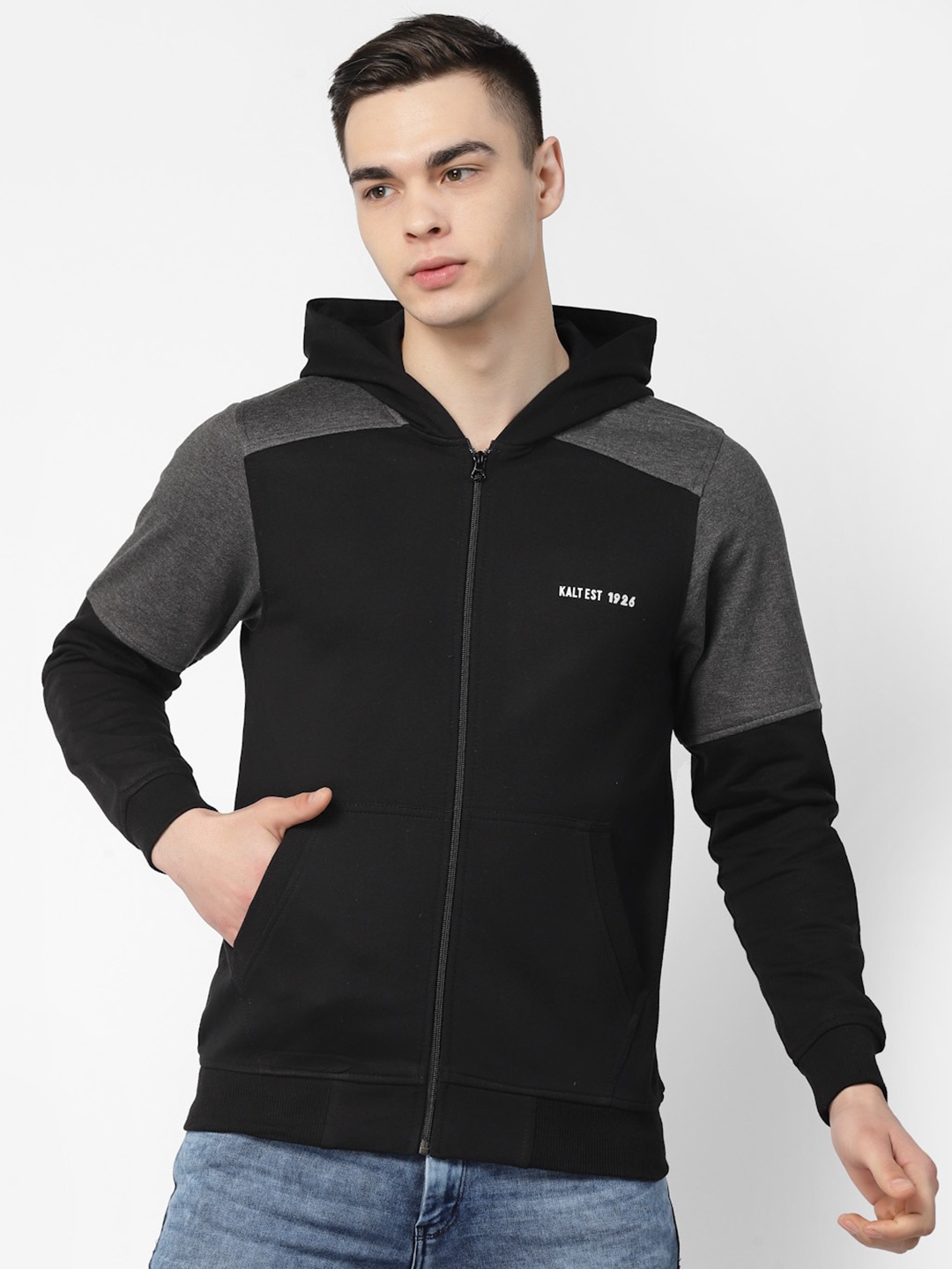 

Kalt Colourblocked Hooded Fleece Front-Open Sweatshirt, Black