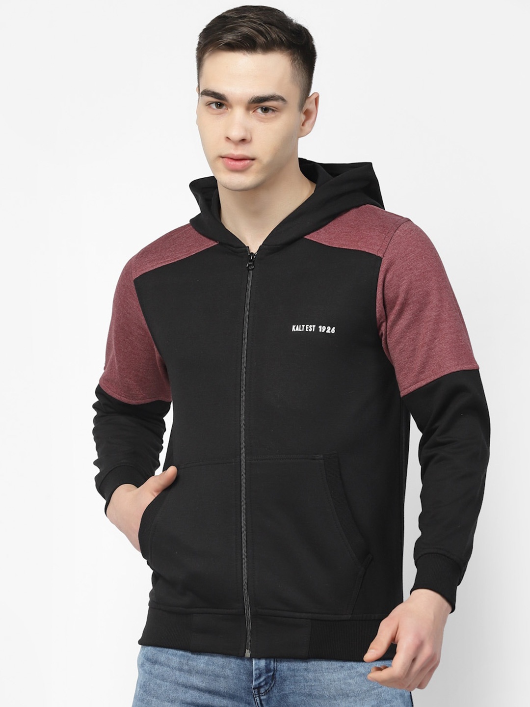 

Kalt Colourblocked Hooded Fleece Front-Open Sweatshirt, Maroon