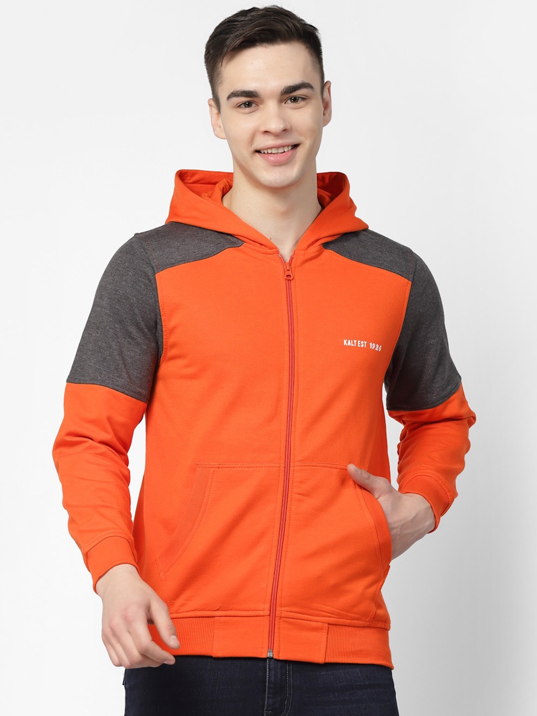 

Kalt Colourblocked Hooded Fleece Front-Open Sweatshirt, Orange