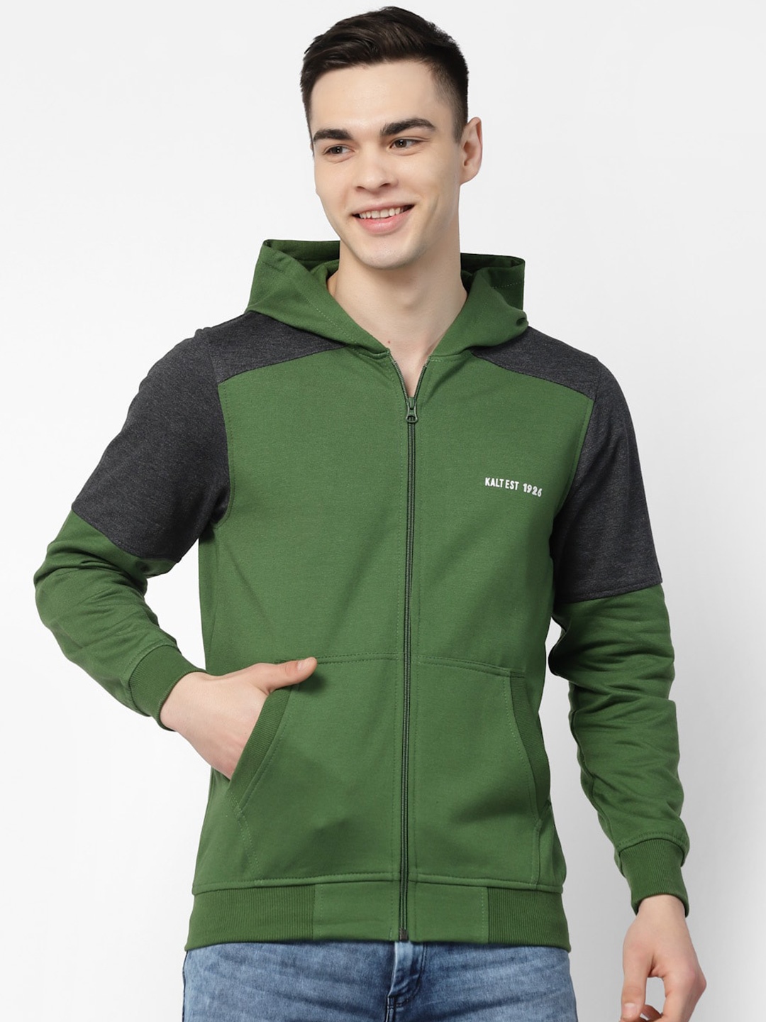 

Kalt Colourblocked Hood Fleece Front-Open Sweatshirt, Green