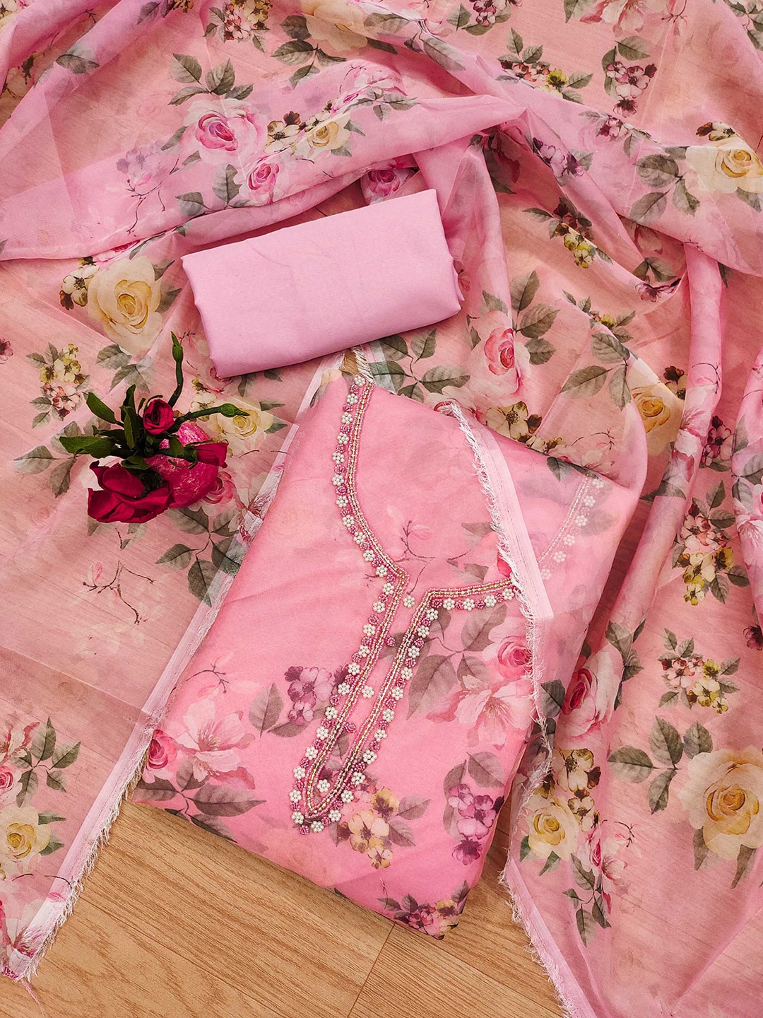 

Panzora Printed Organza Unstitched Dress Material, Pink
