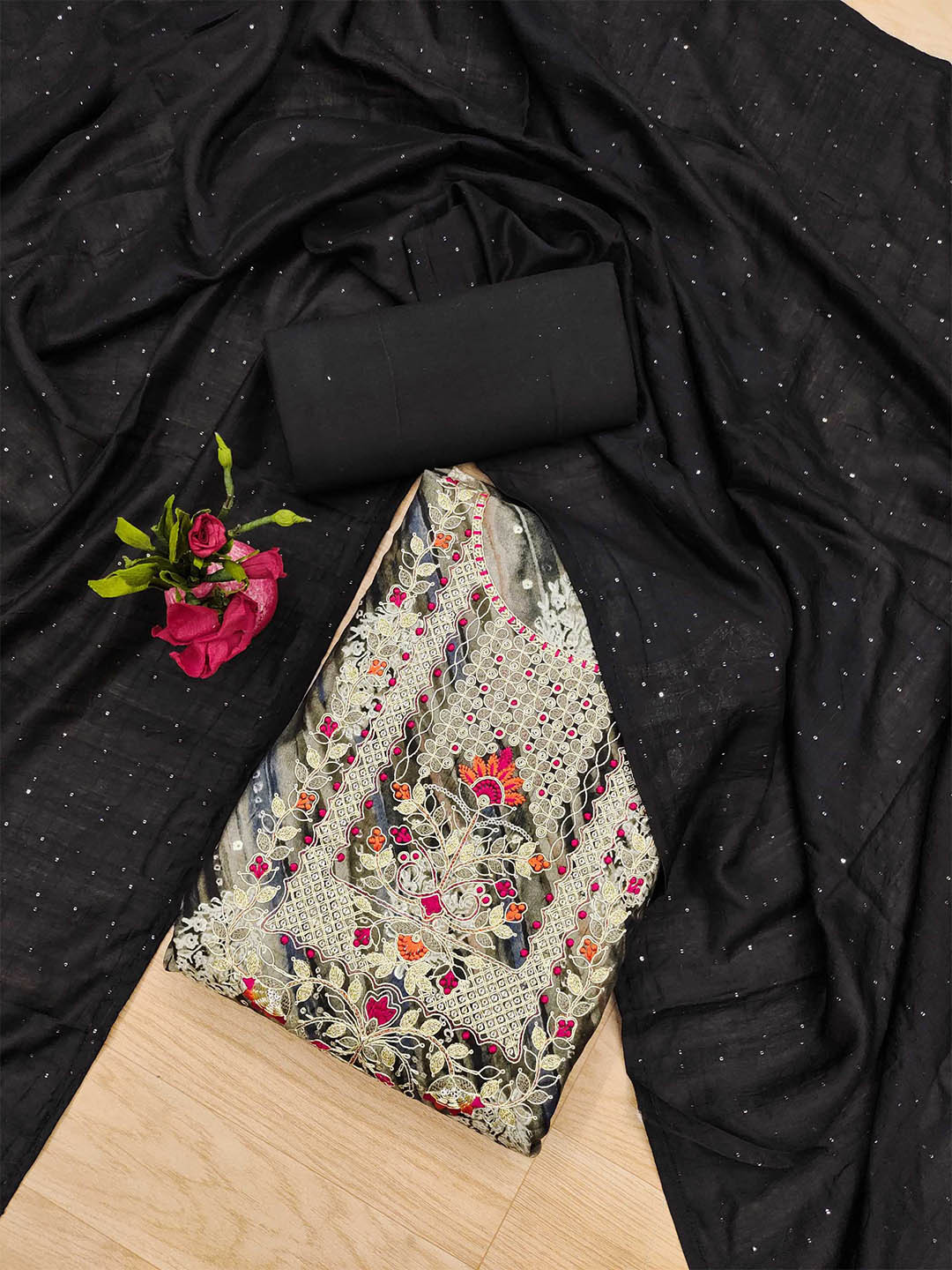 

Panzora Floral Sequinned Embroidered Unstitched Dress Material, Black