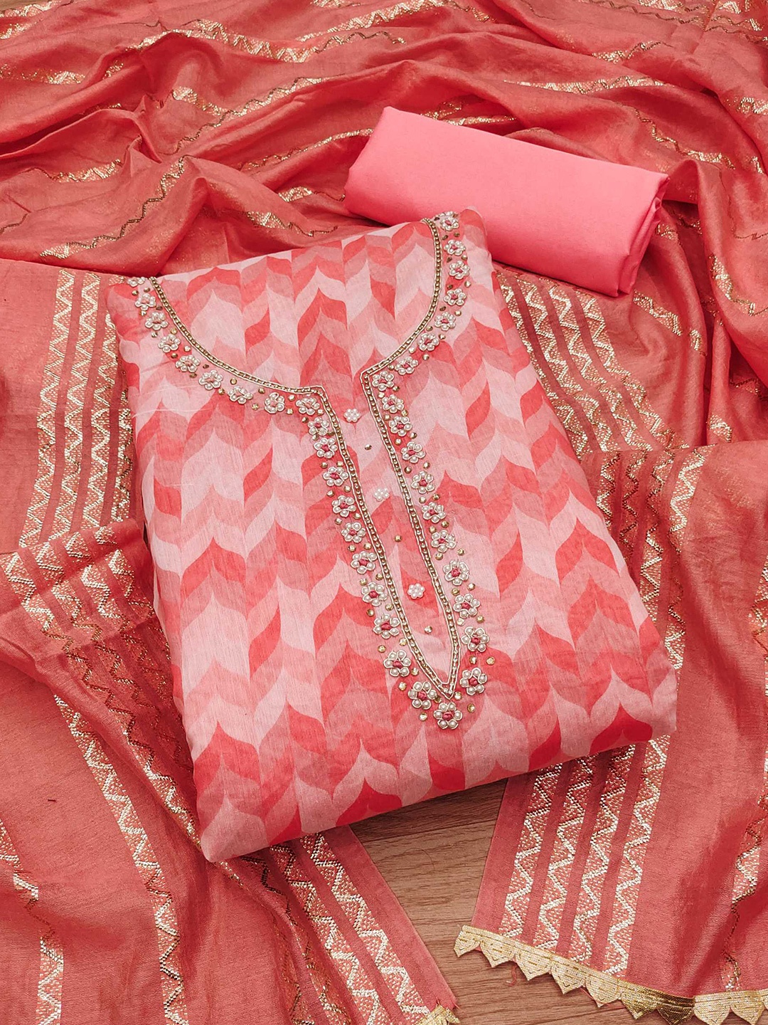

Panzora Floral Printed Beads and Stones Unstitched Dress Material, Pink