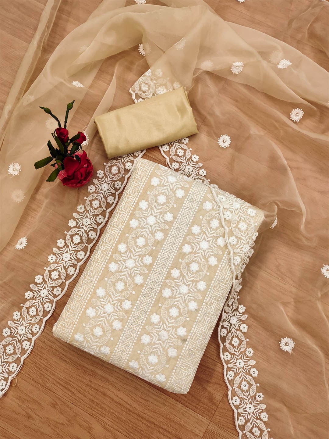 

Panzora Embroidered Unstitched Dress Material, Beige