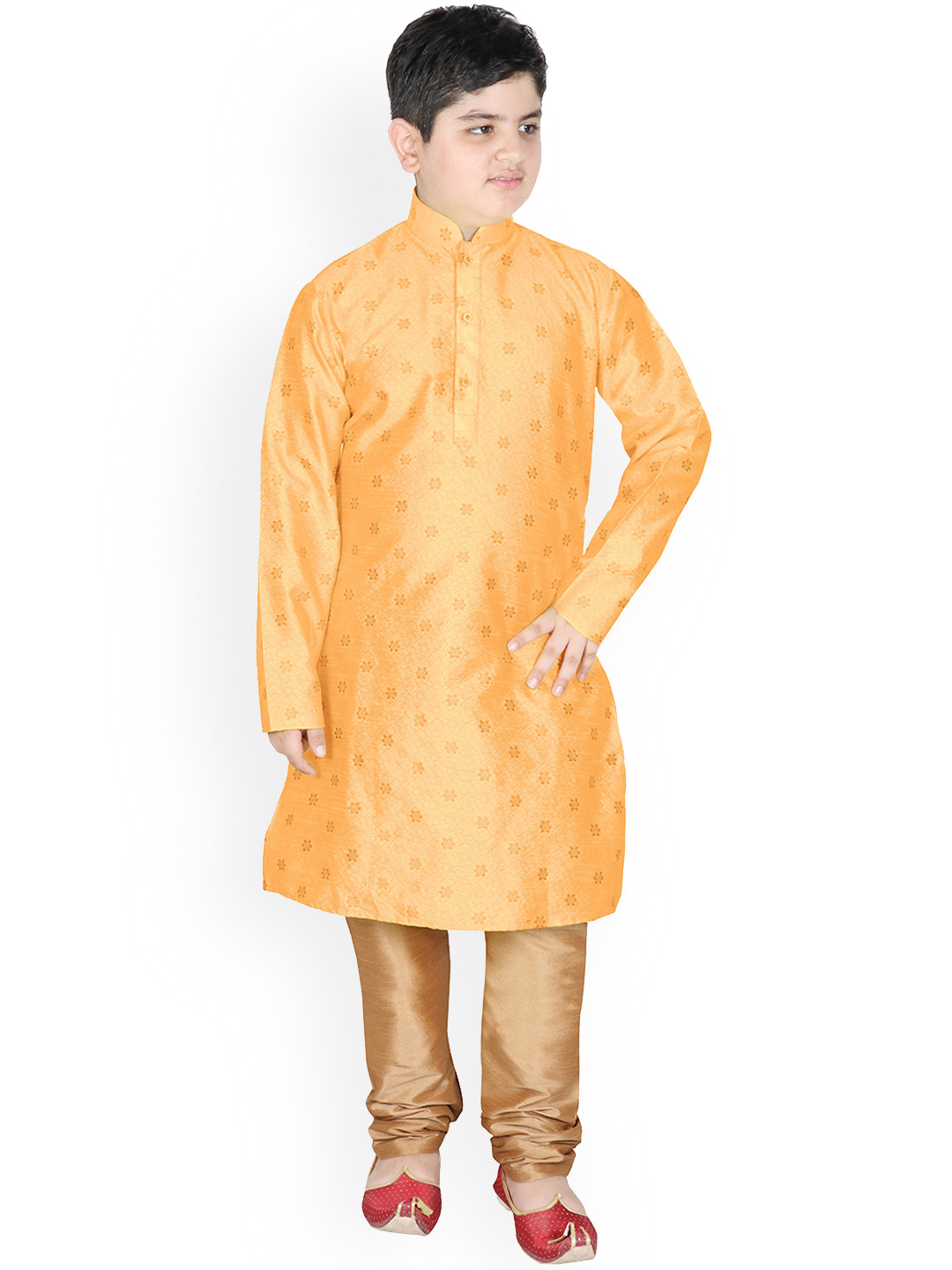 

SG YUVRAJ Boys Floral Printed Regular Raw Silk Kurta with Churidar, Orange