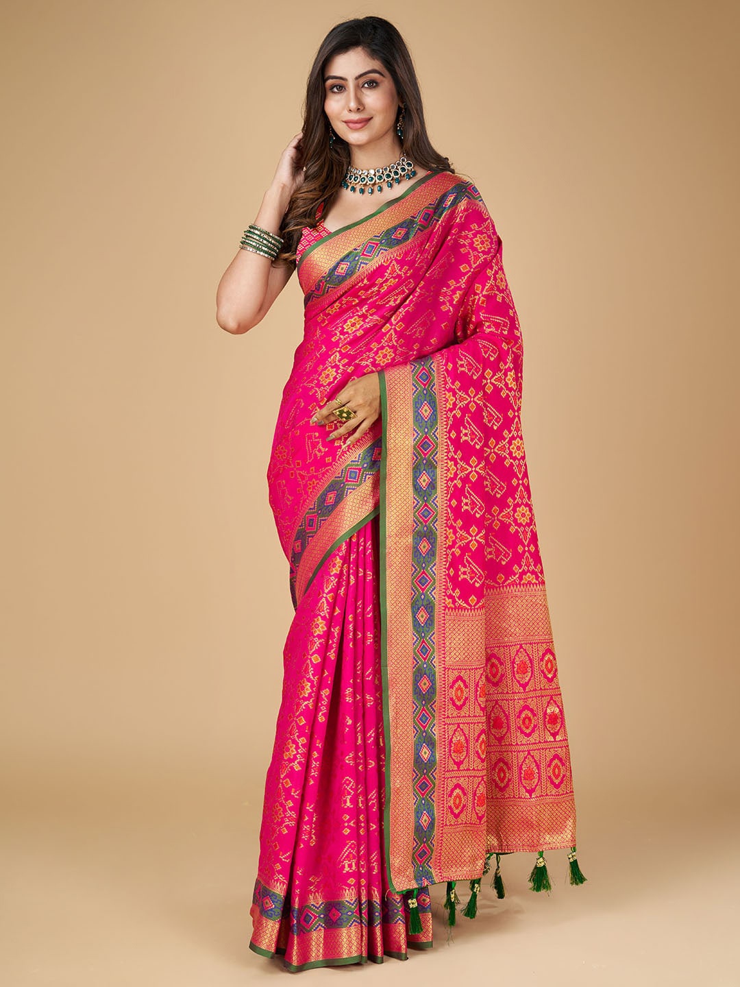 

RAJ DHARMA SILK Ethnic Motifs Woven Design Zari Patola Saree, Pink