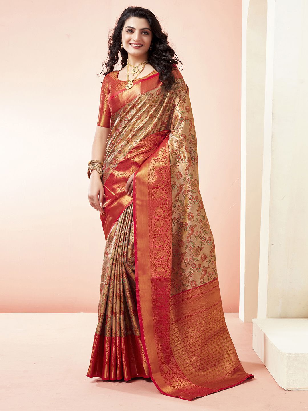 

Mitera Floral Woven Design Zari Art Silk Banarasi Saree, Red