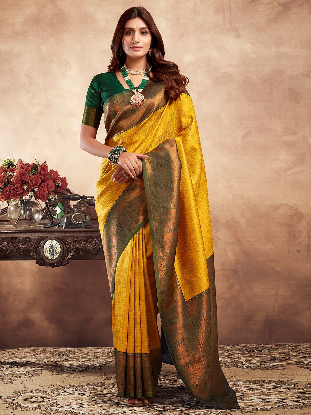 

Mitera Ethnic Motifs Woven Design Zari Banarasi Saree, Yellow