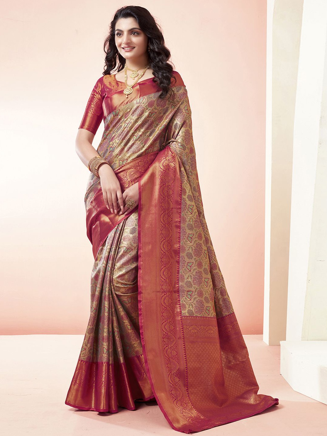 

Mitera Floral Woven Design Zari Art Silk Banarasi Saree, Pink