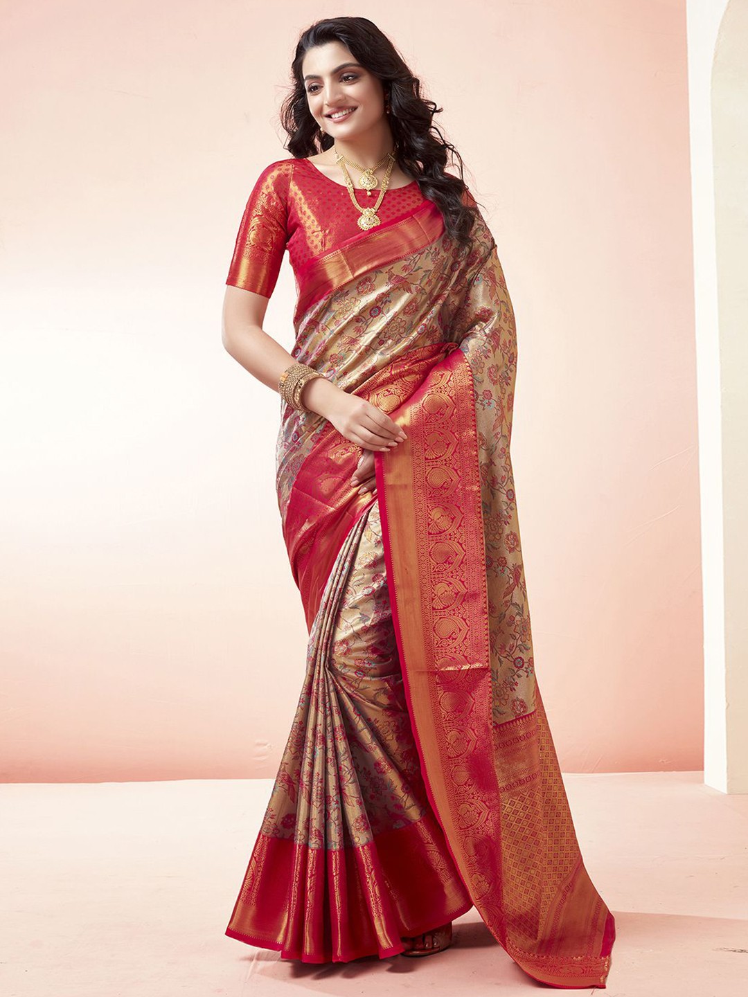 

Mitera Floral Woven Design Zari Art Silk Banarasi Saree, Pink