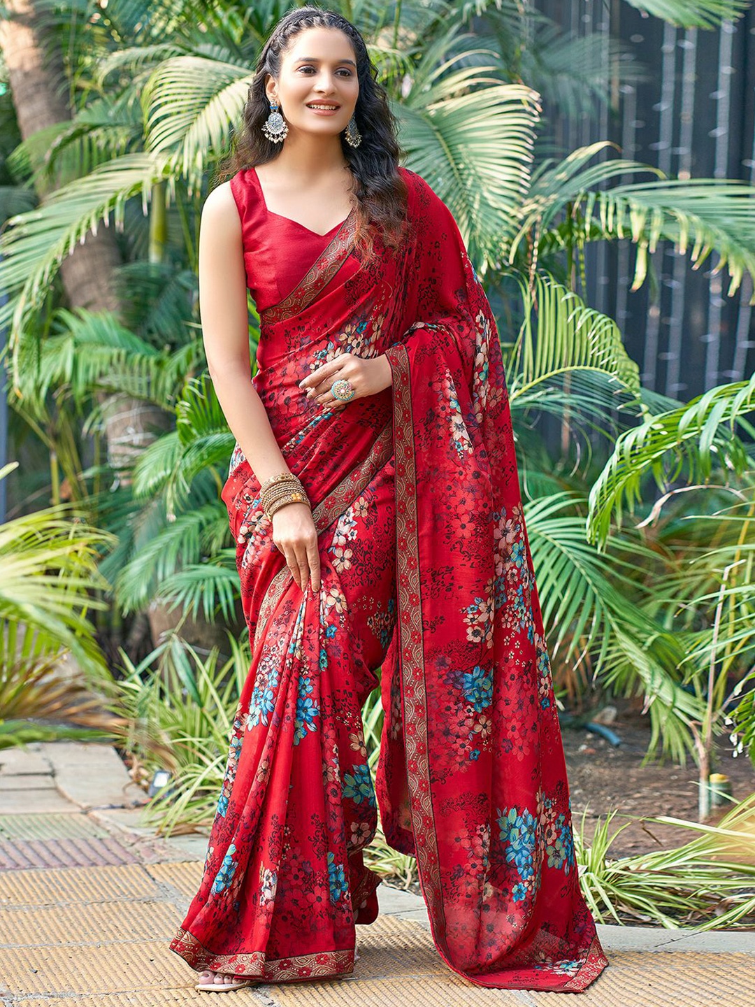 

Mitera Floral Printed Zari Art Silk Bagh Saree, Red