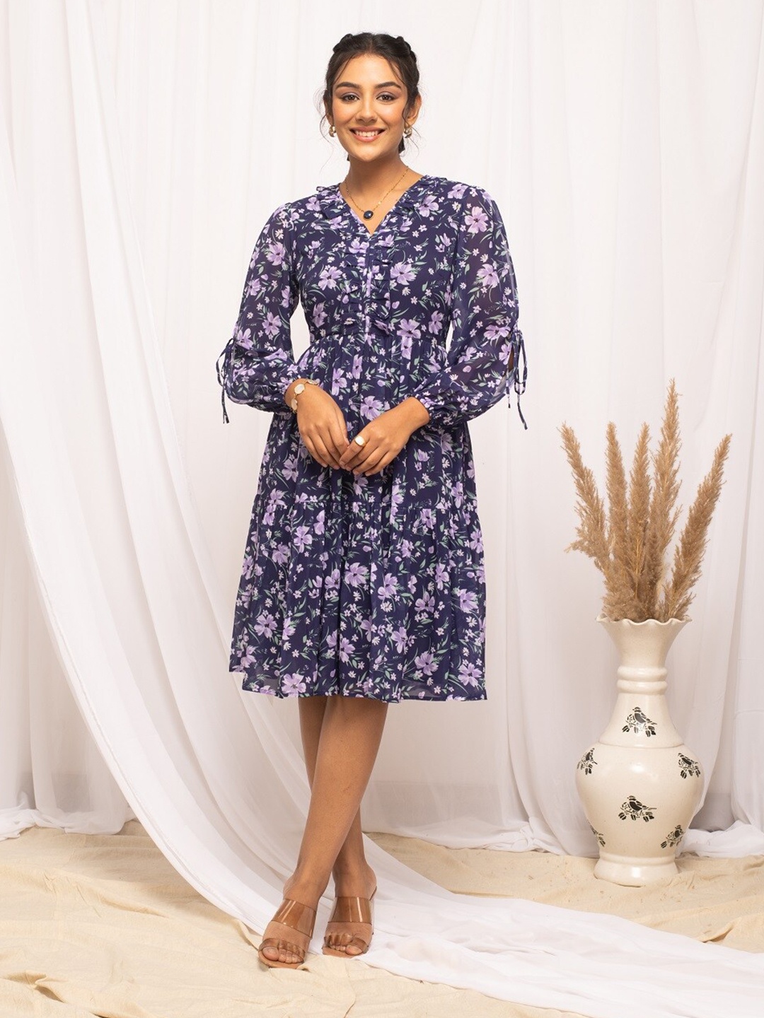

FIORRA Floral Print Georgette Fit & Flare Dress, Blue