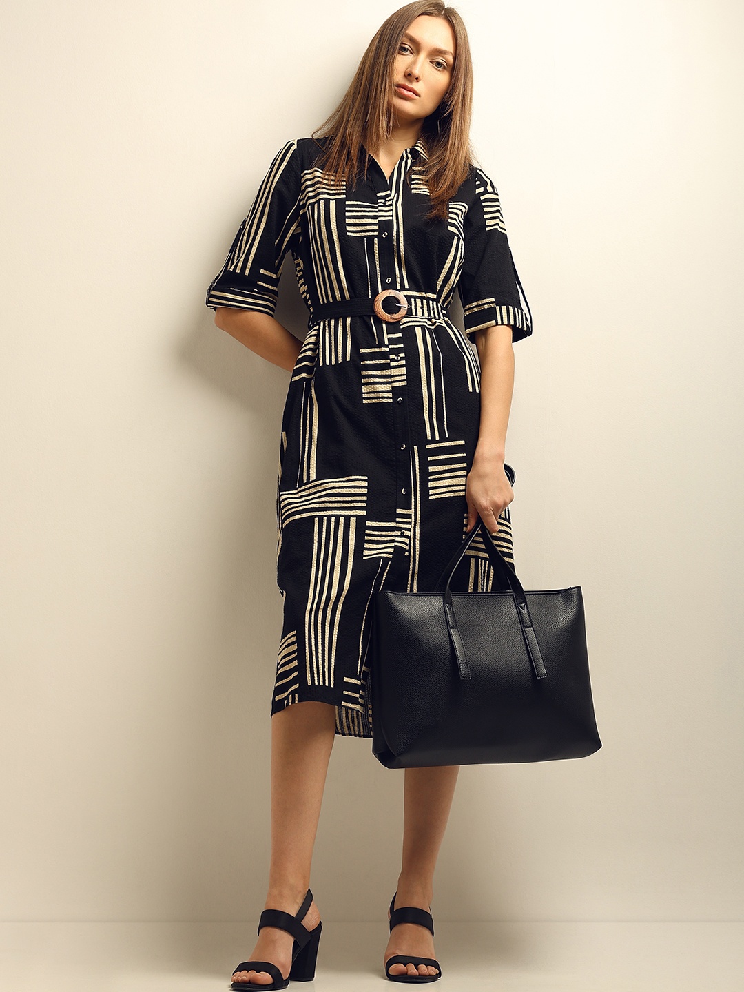 

Vero Moda Striped Roll-Up Sleeves Midi Shirt Dress, Black