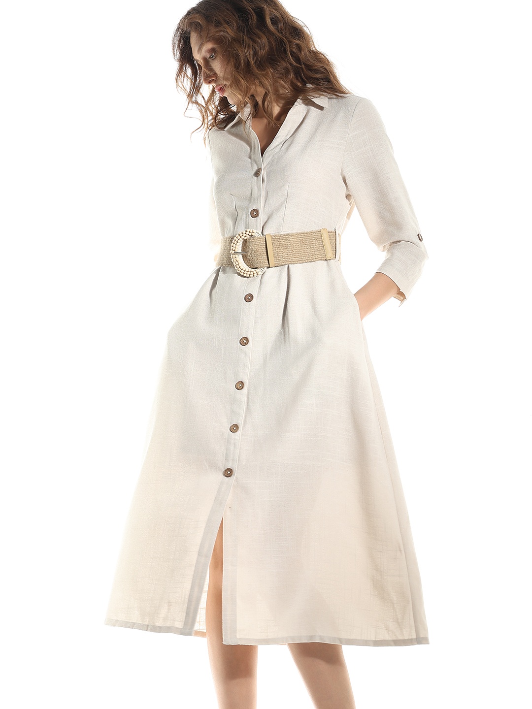 

Vero Moda Striped Roll-Up Sleeves Knee Length Shirt Dress, Off white