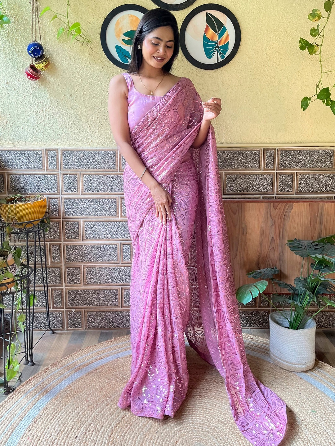 

Mitera Ethnic Motifs Embellished Sequinned Pure Georgette Saree, Pink