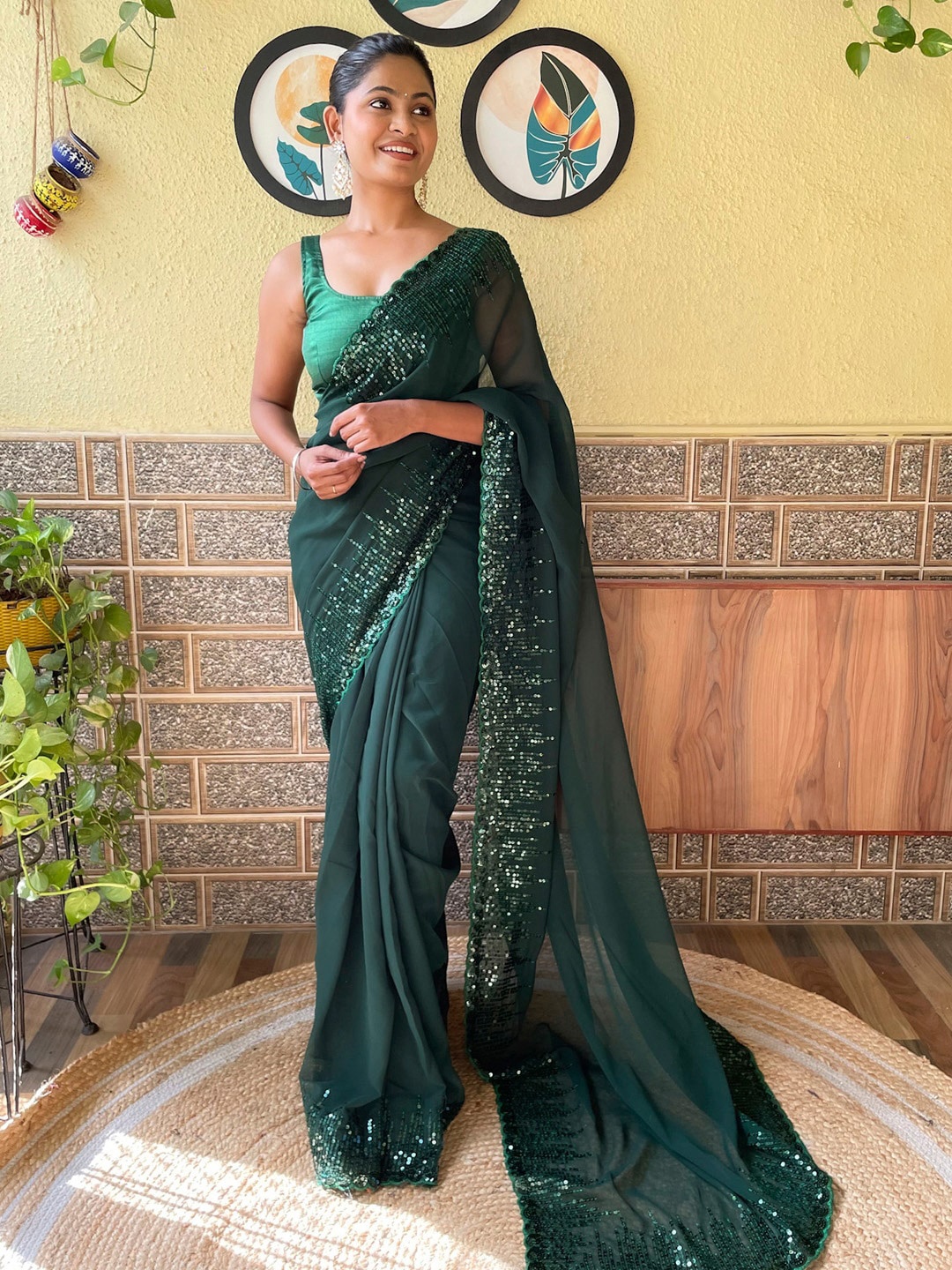 

Mitera Embellished Sequinned Pure Georgette Saree, Green